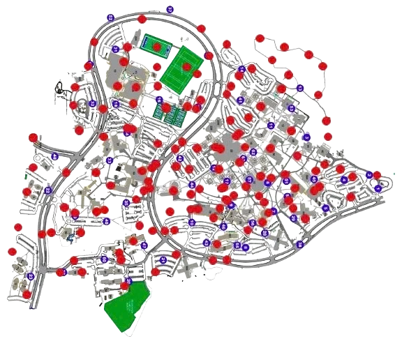 Interactive campus map showing 33 ALERTS QR code decal placement and emergency alert zones
