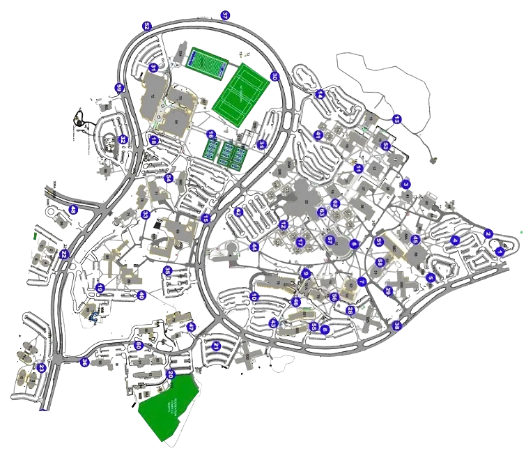 College campus map showing building locations and pathways