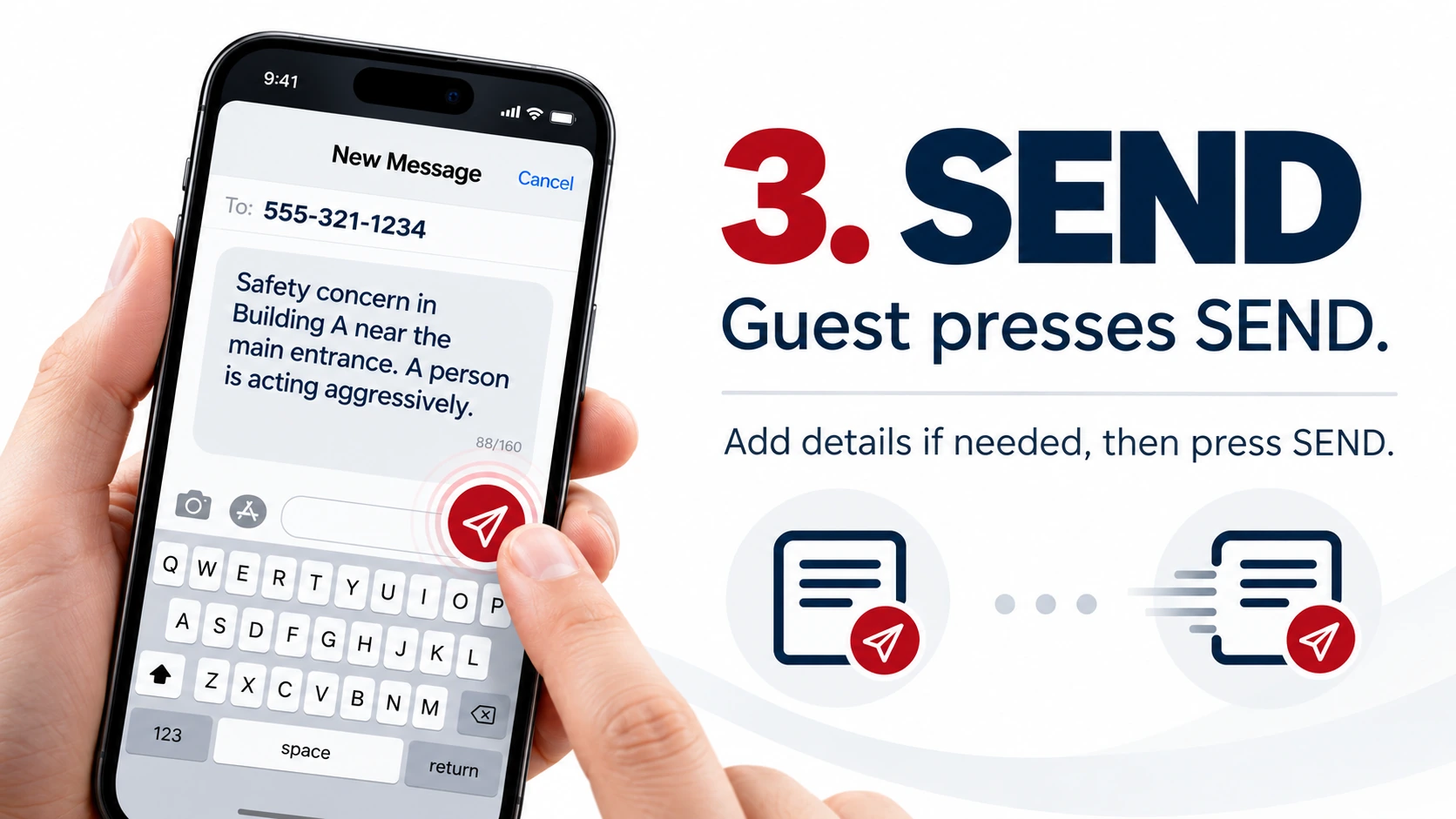 Guest adds information to the prepared SMS message and presses SEND to submit a 33 ALERTS report.