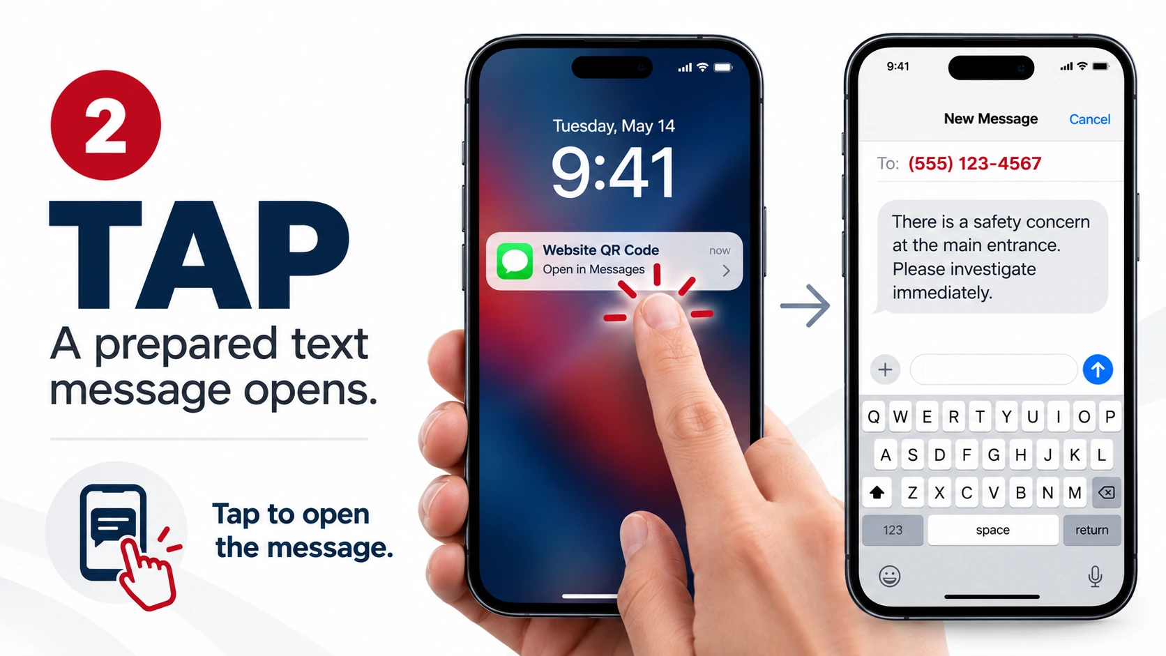 Smartphone user taps the QR notification to open the prepared 33 ALERTS SMS text message.
