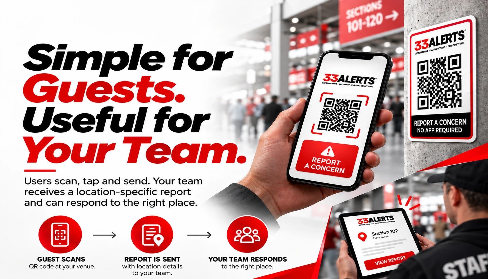 Guest scans a 33 ALERTS Smart QR Decal and venue personnel receive a location-specific report